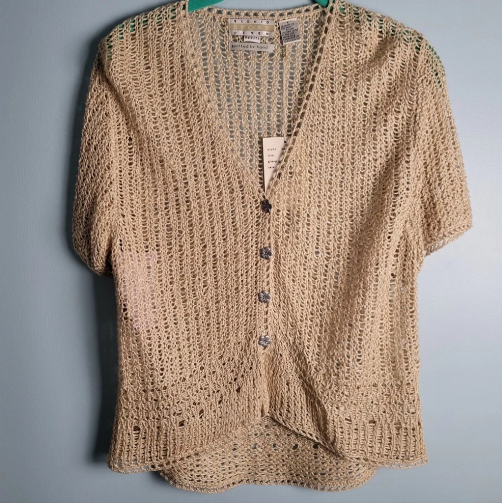 Sigrid Olsen Sport Cardigan  Short Sleeve Sweater Sz LP Hand Knitted Vtg